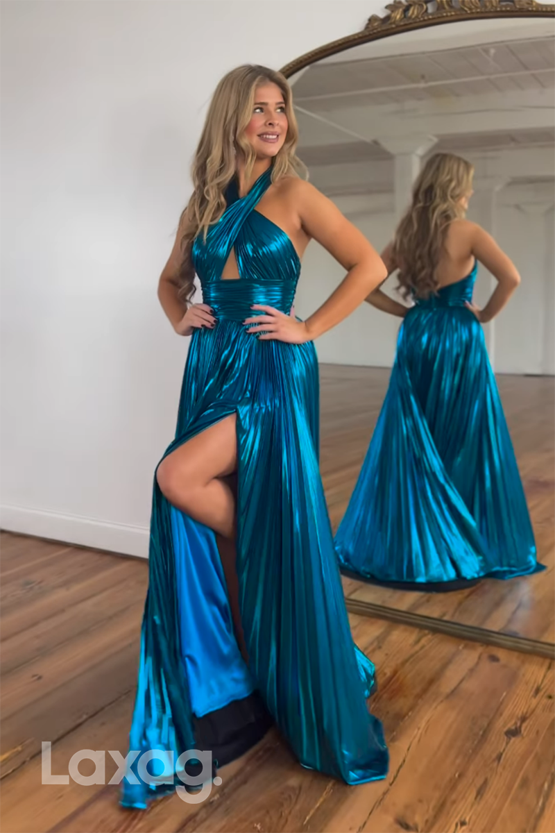 21944 - Chic Halter Ruched Long Blue Formal Prom Dress with Slit