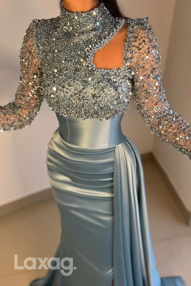 21980 - Unique High Neckline Long Sleeves Mermaid Formal Prom Dress with Slit