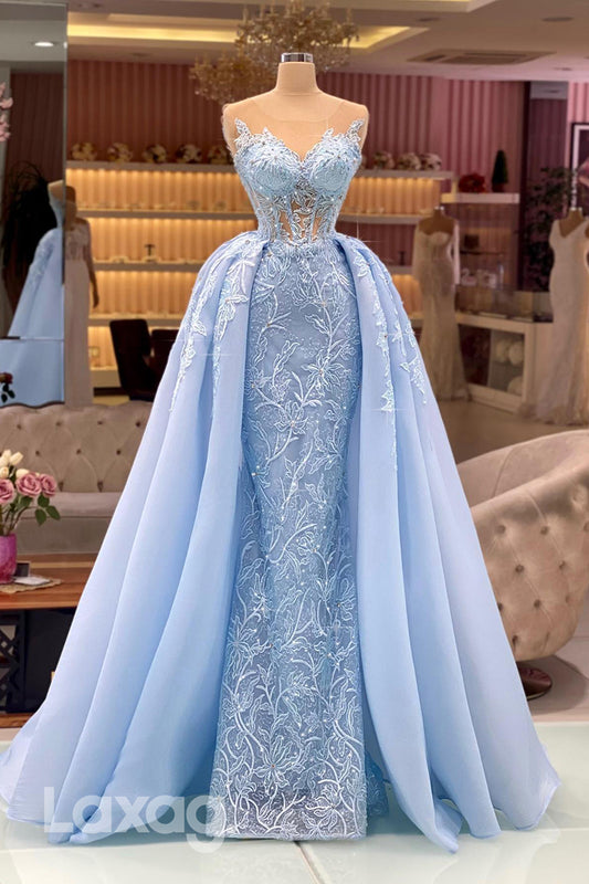 21824 - Illusion Neckline Detachable Skirt Lace Mermaid Formal Prom Dress