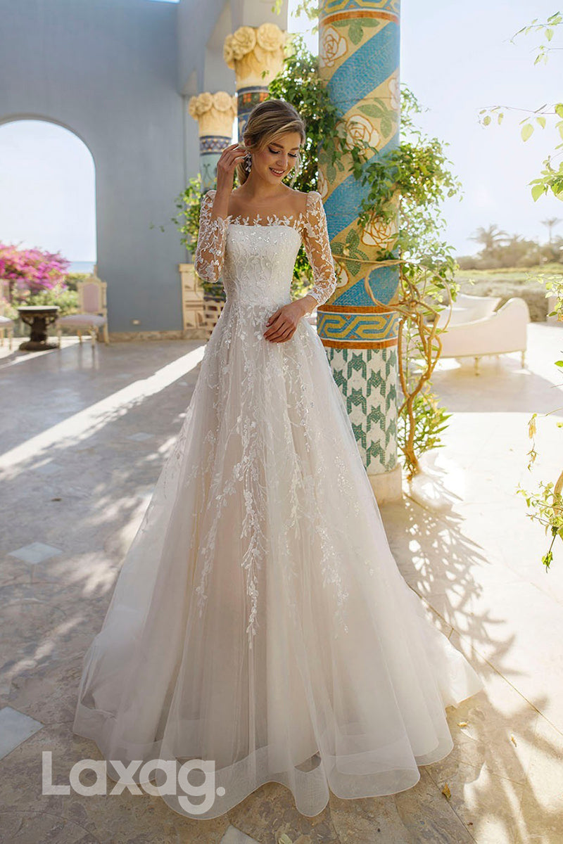 15735 - A Line Illusion Neckline Long Sleeves Lace Wedding Dress