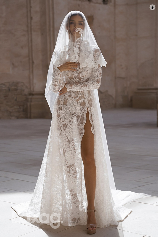 15689 - Musilm High Neckline Long Sleeves Lace Vintage Wedding Dress