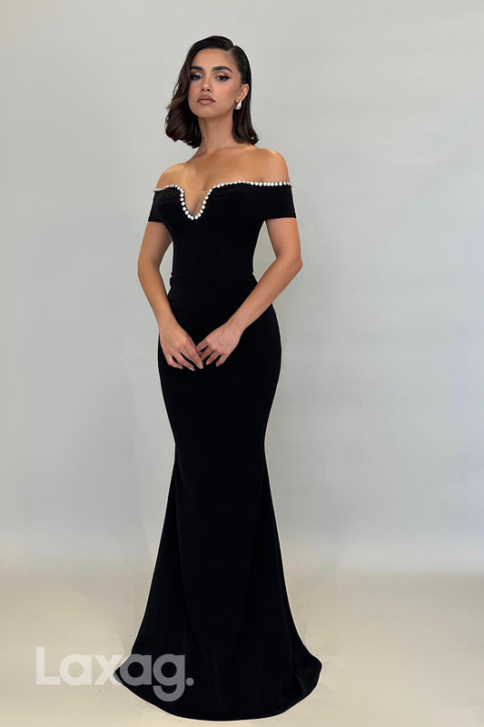 21906 - Off Shoulder Beads Black Mermaid Long Formal Evening Dress
