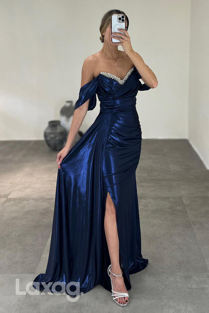 22046 - Off Shoulder Beads Mermaid Long Formal Prom Dress with Slit