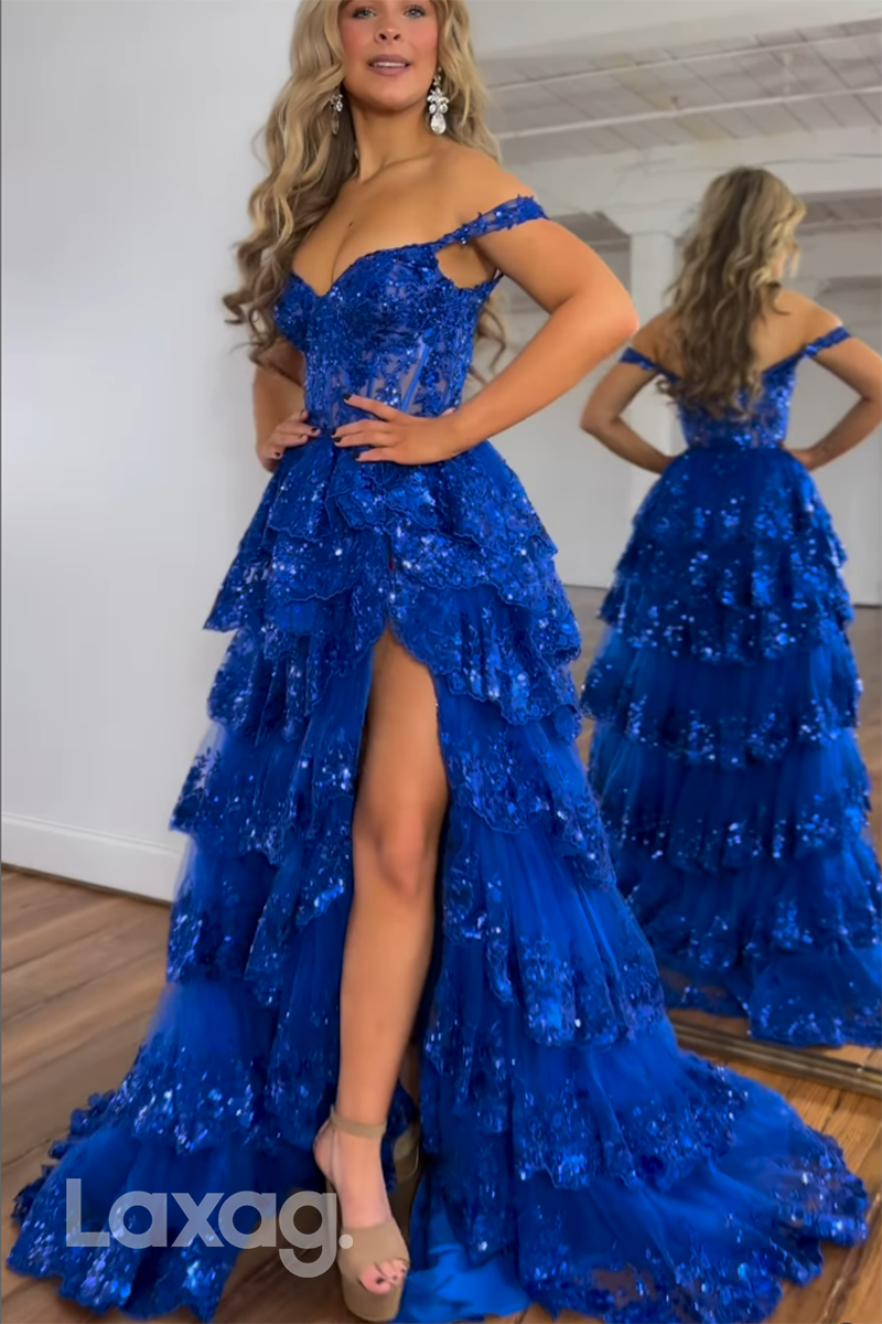 21945 - Off Shoulder Sequins Tiered Long Prom Party Dress with Slit
