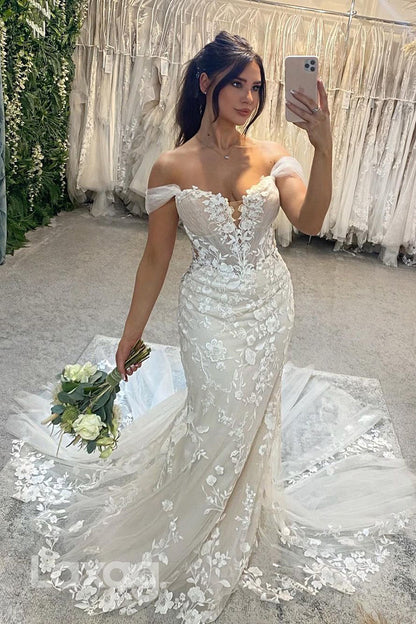 15742 - Plunging V neck Lace Appliques Mermaid Wedding Dress