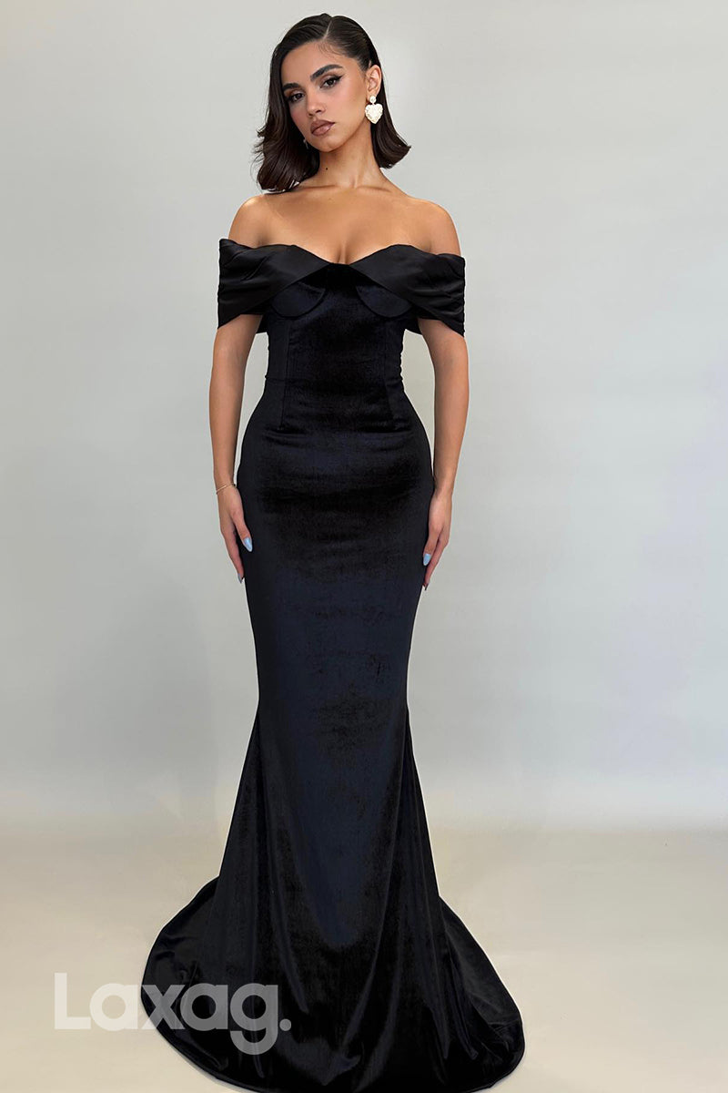 21896 - Off Shoulder Ruched Black Mermaid Elegant Long Formal Prom Dress