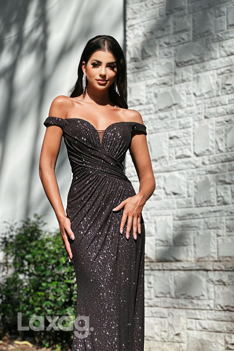 21898 - Off Shoulder Ruched Black Sparkly Formal Prom Dress with Slit