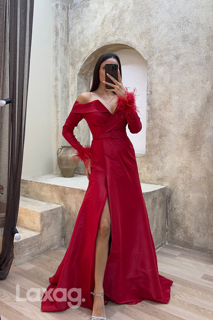 22078 - Sexy V neck Off Shoulder Feathers Long Sleeves Formal Evening Dress with Slit
