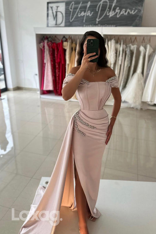 14782 - Off the Shoulder Satin Ruched Beads Mermaid Formal Prom Dress with Slit