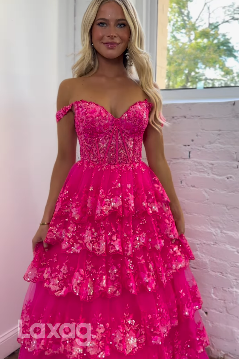 22059 - A Line Off Shoulder Sequins Lace Pink Long Semi Formal Prom Dress