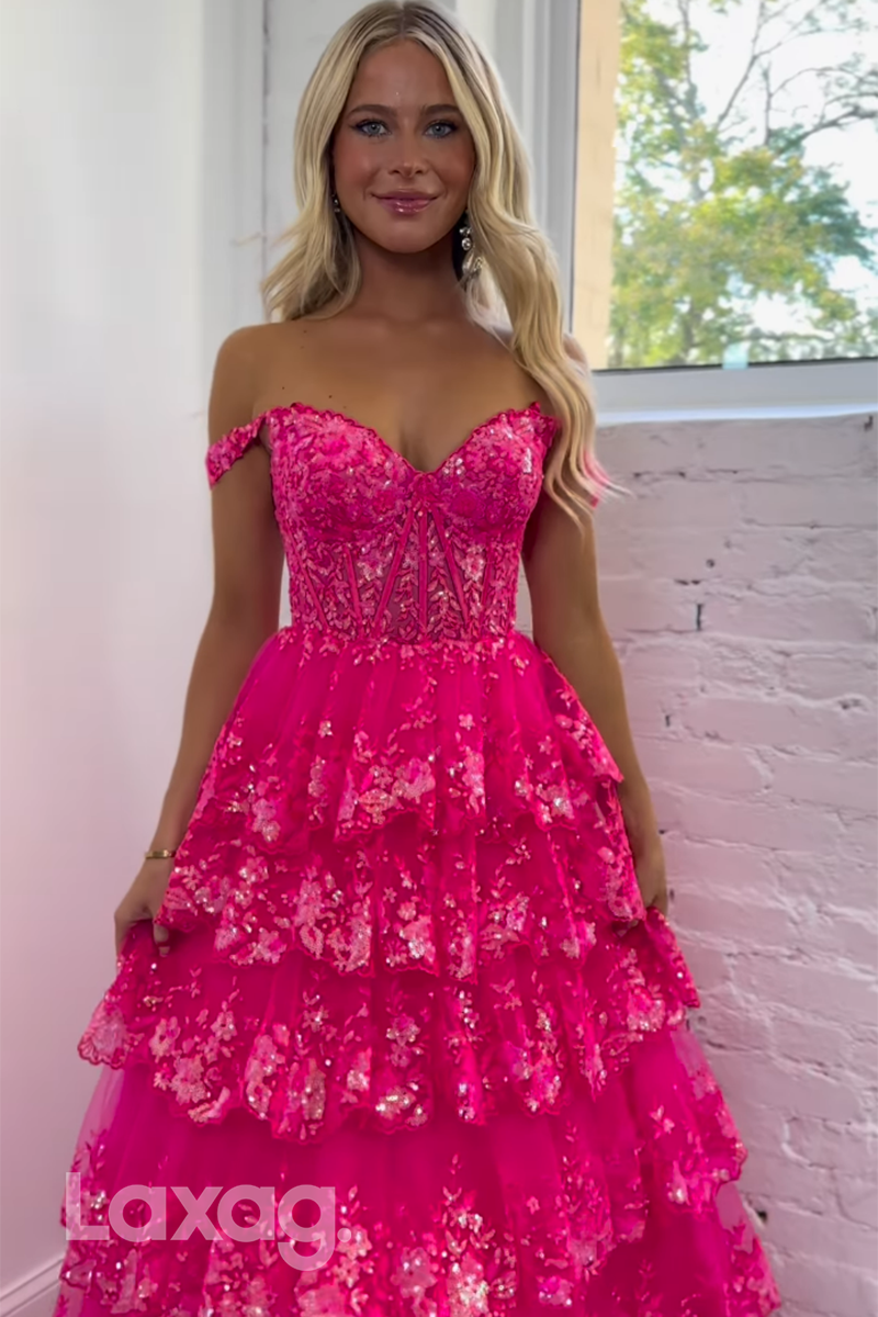22059 - A Line Off Shoulder Sequins Lace Pink Long Semi Formal Prom Dress