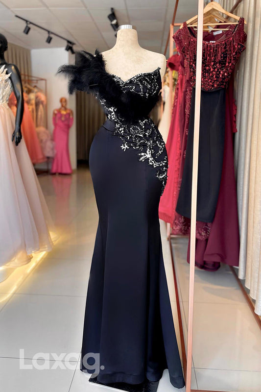 18769 - One Shoulder Feathers Beads Black Mermaid Formal Evening Party Dress