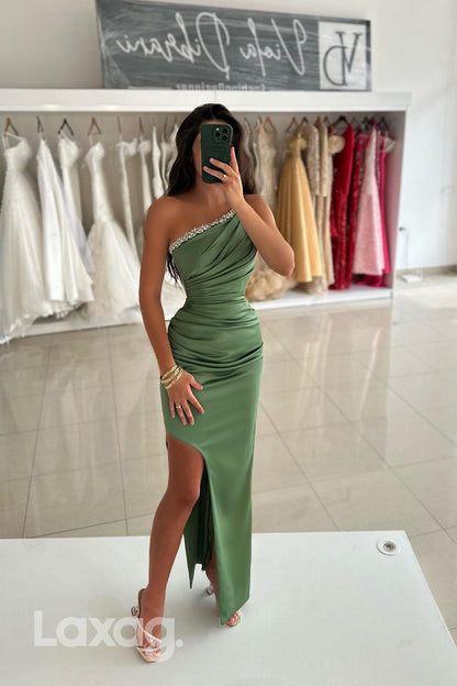 14759 - Sheath/Column One Shoulder Ruched Beads Long Semi Formal Prom Dress with Slit