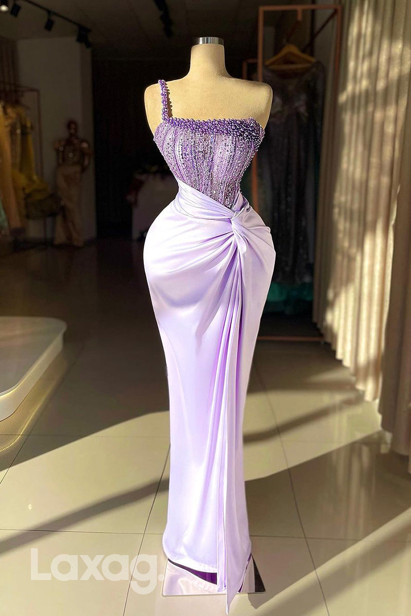 21792 - One Shoulder Luxury Pearls Mermaid Long Formal Prom Dress with Slit