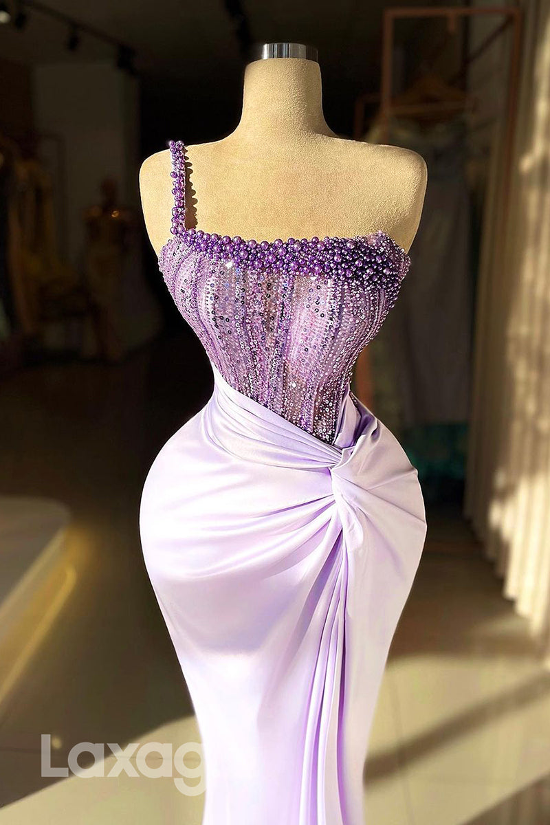 21792 - One Shoulder Luxury Pearls Mermaid Long Formal Prom Dress with Slit