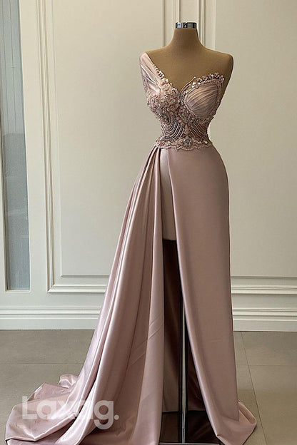22030 - Chic One Shoulder Beads Ruched Long Formal Evening Dress