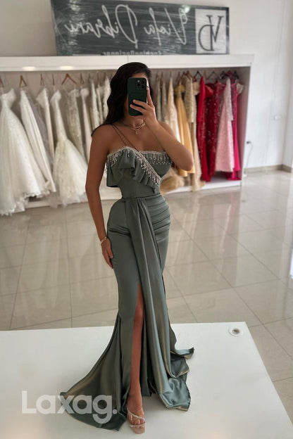 14777 - Chic One Shoulder Ruched Mermaid Formal Evening Dress with Slit
