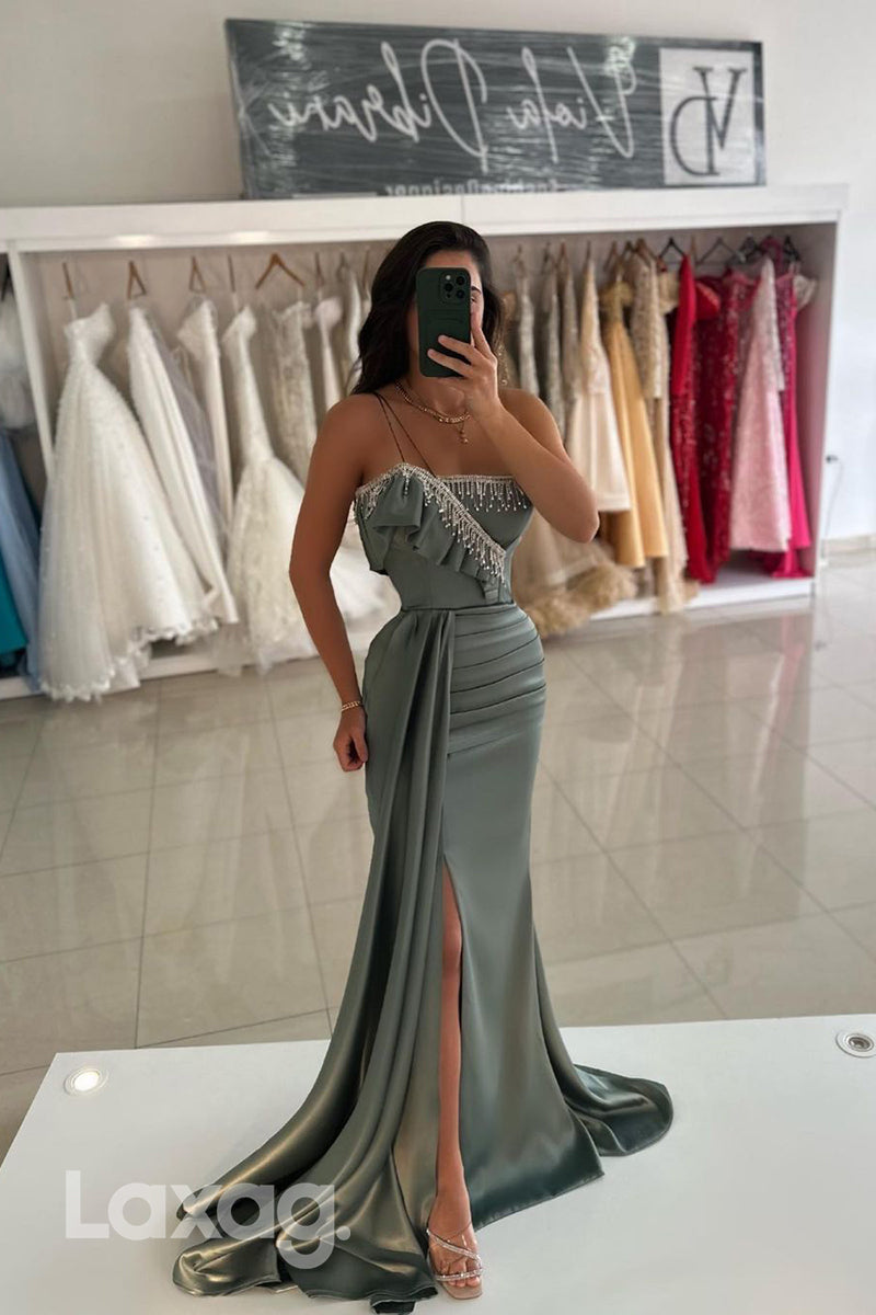 14777 - Chic One Shoulder Ruched Mermaid Formal Evening Dress with Slit