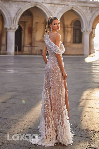 22083 - One Shoulder Unique Feathers Sparkly Long Formal Prom Dress with Slit