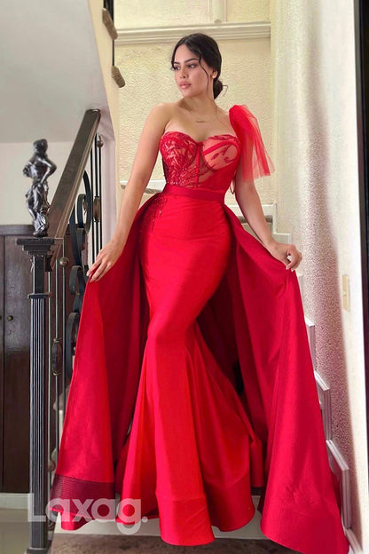 16790 - Chic One Shoulder Appliques Mermaid Semi Formal Prom Dress with Detachable Skit