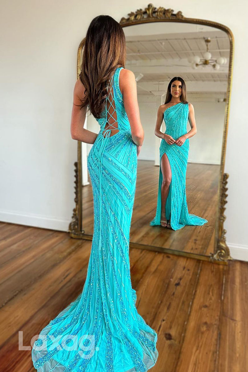 21925 - One Shoulder Lace Mermaid Semi Formal Prom Dress with Slit