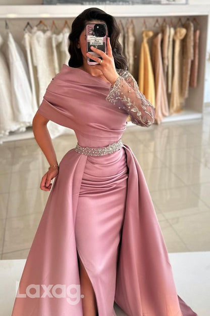 14723 - Chic One Shoulder Embroidery Ruched Mermaid Long Formal Evening Dress with Slit