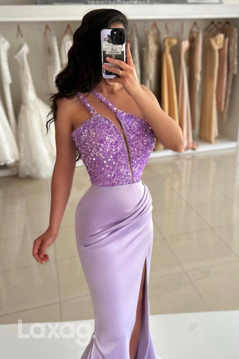 14719 -  Unique One Shoulder Ruched Long Mermaid Formal Prom Dress with Slit