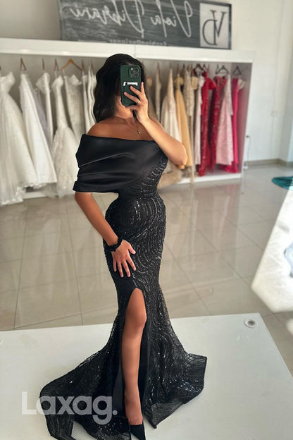 14765 - Off Shoulder Black Lace Mermaid Semi Formal Prom Dress with Slit