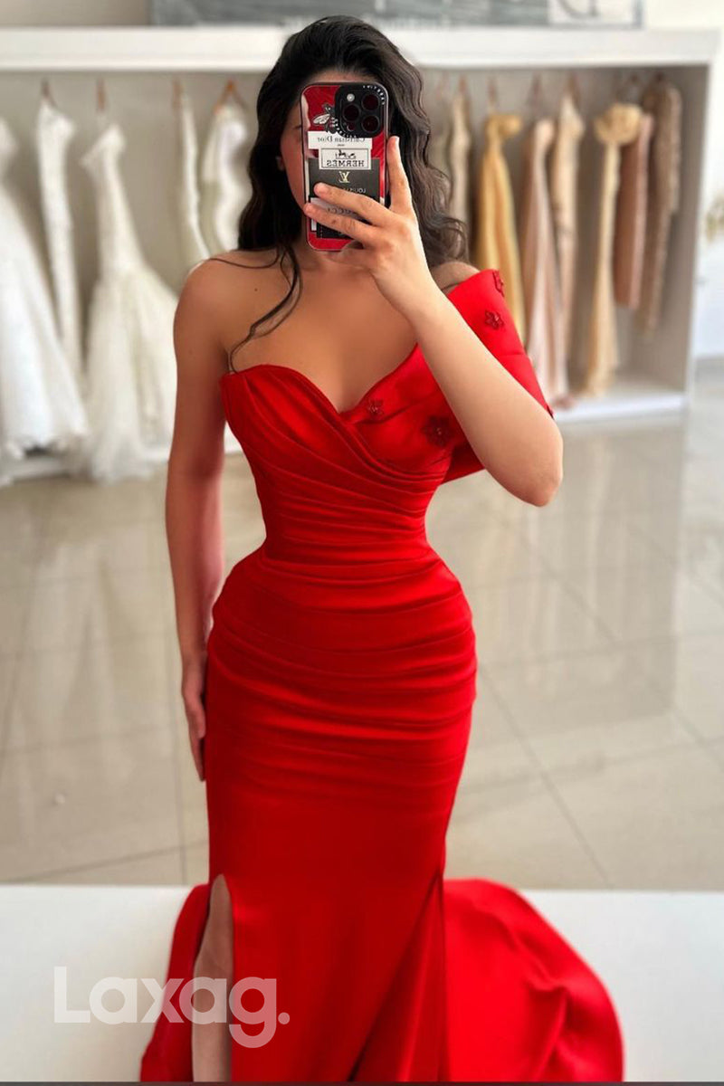 14711 - Off Shoulder Red Satin Ruched Mermaid Long Semi Formal Prom Dress with Slit