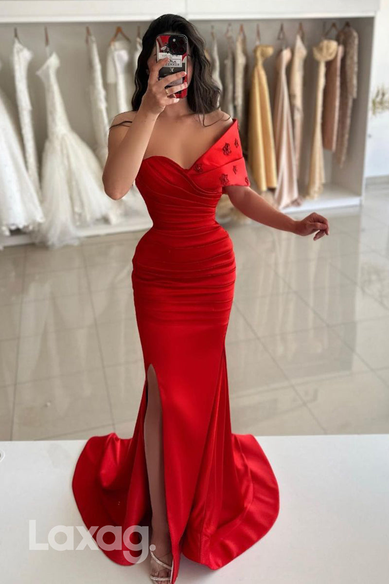 14711 - Off Shoulder Red Satin Ruched Mermaid Long Semi Formal Prom Dress with Slit
