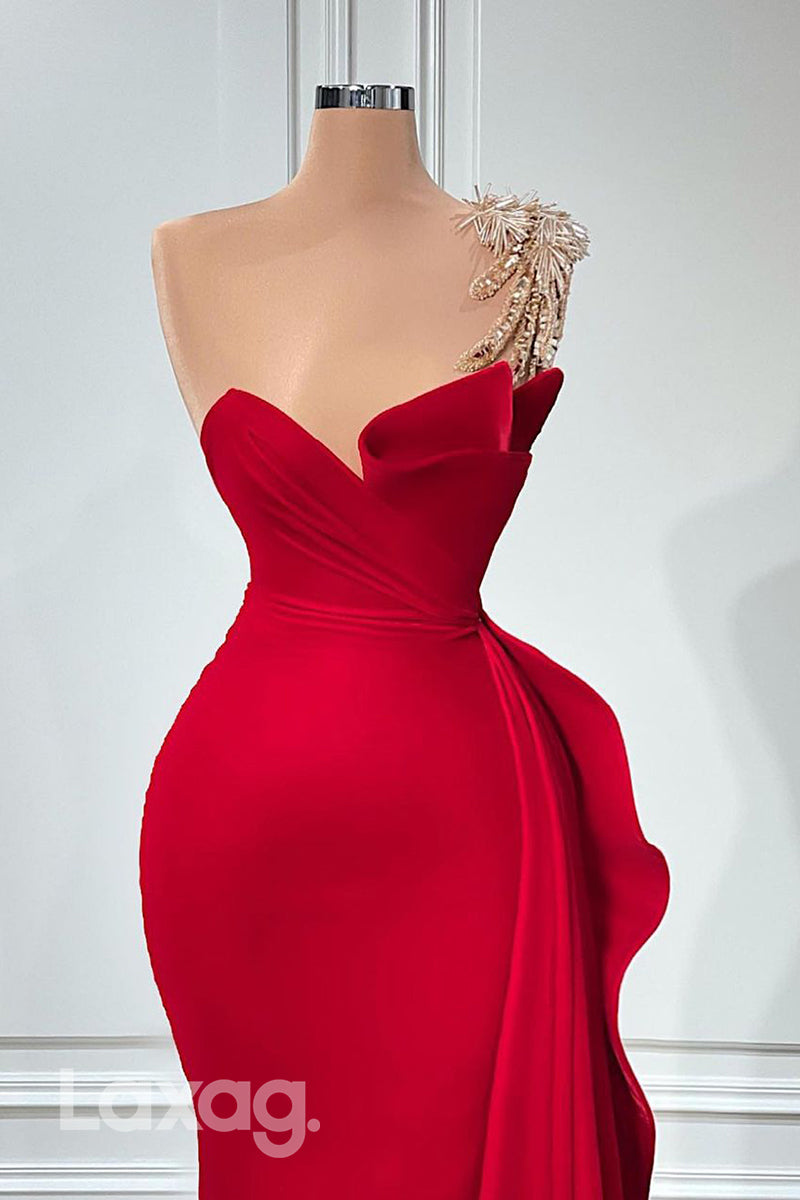 22034 - One Shoulder Bead Red Mermaid Lomg Formal Prom Dress