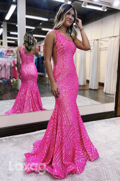 21928 - Unique One Shoulder Fully Sequins Mermaid Long Prom Formal Dress