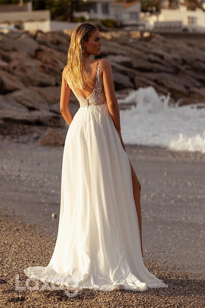 15703 - A Line Illusion V neck Lace Appliques Beach Wedding Dress