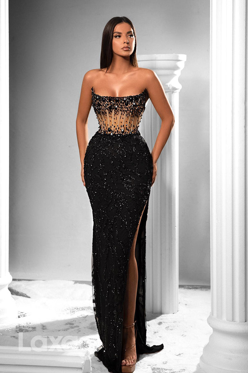 12720 - Illusion Neckline Beads Side Slit Black Long Formal Party Dress