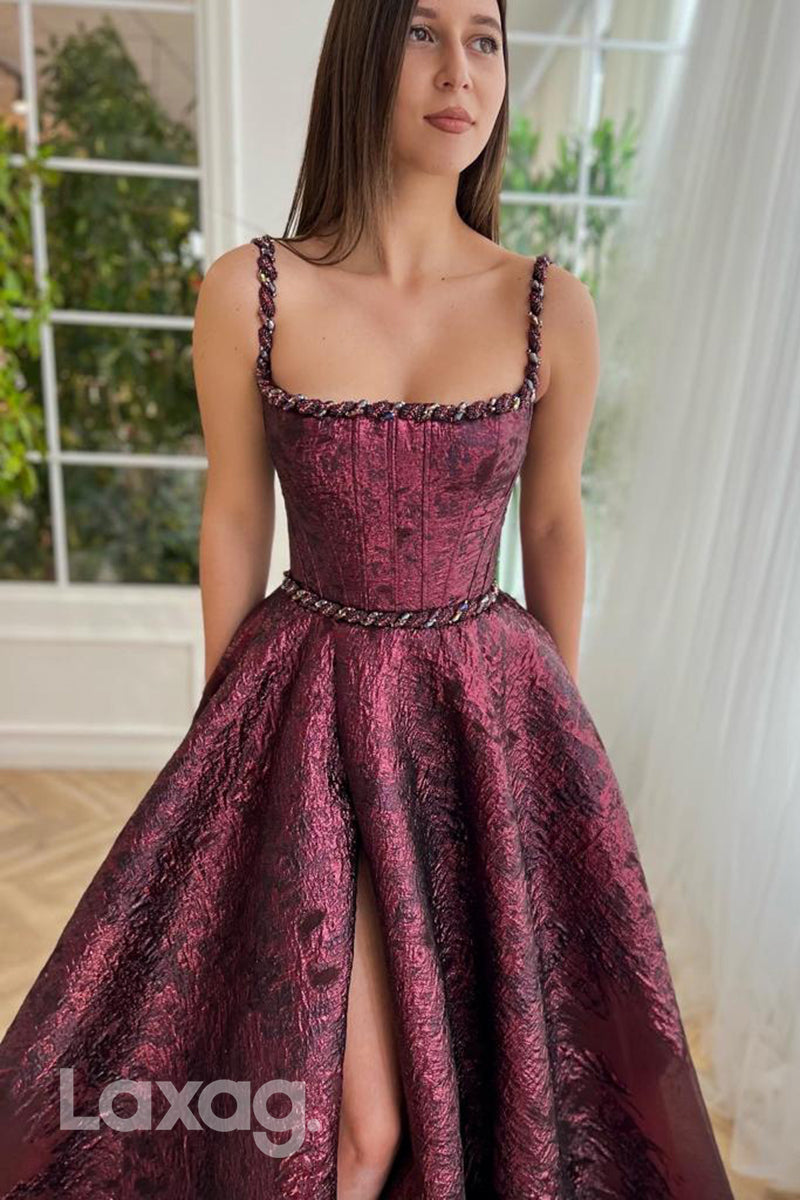 15769 - A line Scoop Beads Burgundy Formal Prom Dress with Pockets