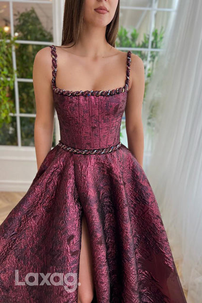 15769 - A line Scoop Beads Burgundy Formal Prom Dress with Pockets