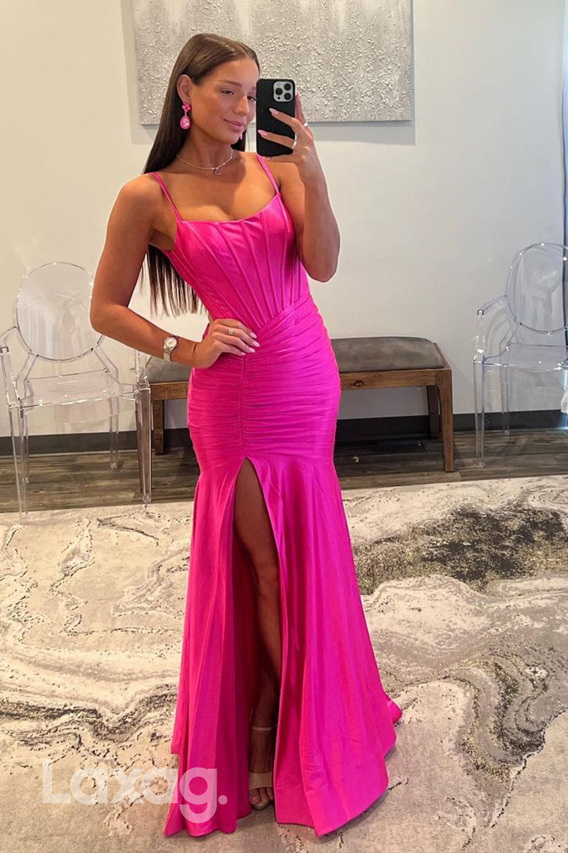 15749 - Spaghetti Straps Scoop Ruched Long Pink Prom Party Dress with Slit