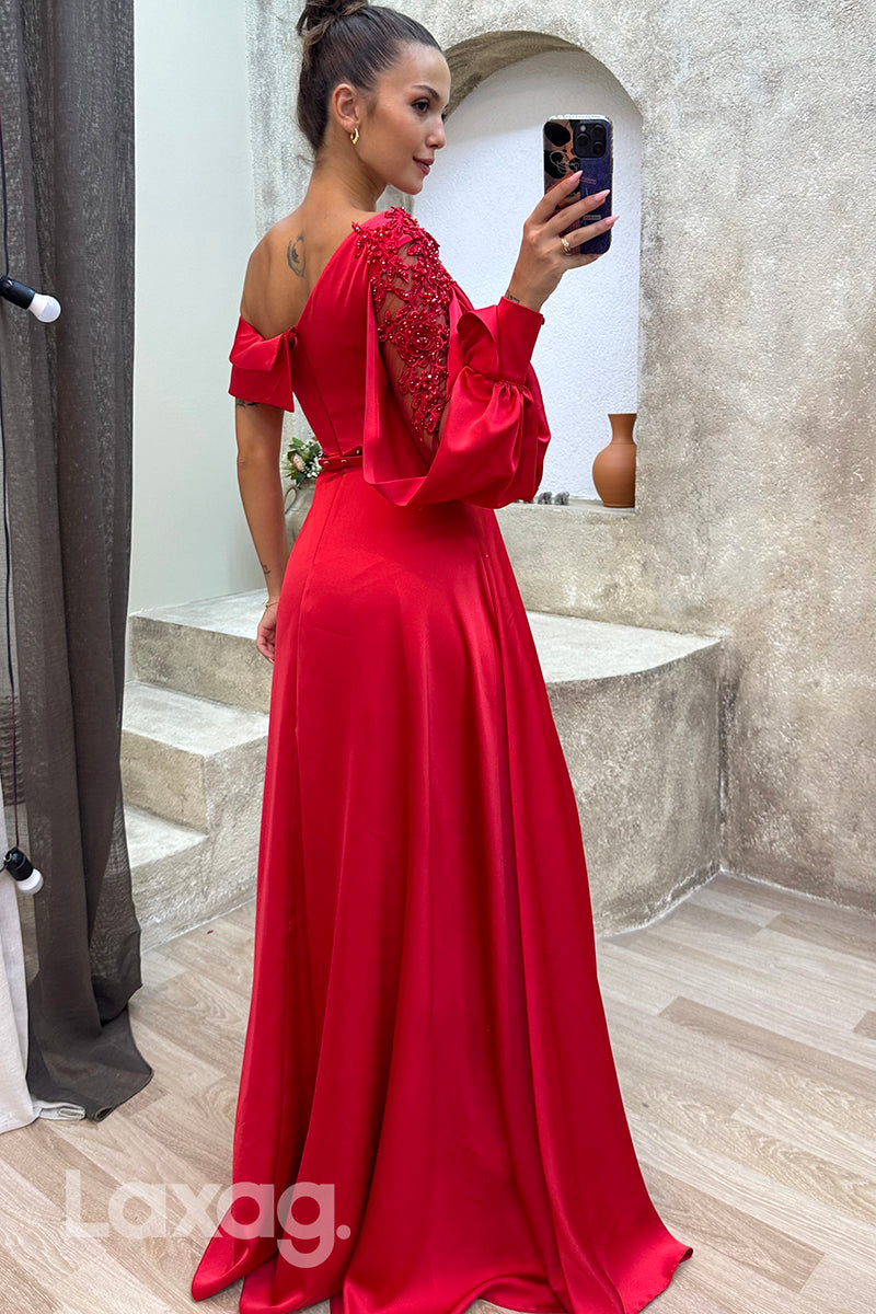 22077 - A Line Scoop Appliques Ruched Long Formal Prom Dress with Slit
