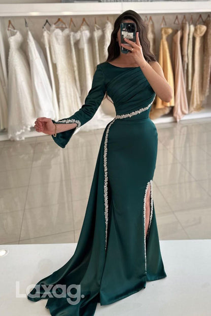 14709 - Chic Bateau Ruched Side Slit Long Sleeves Formal Evening Gowns
