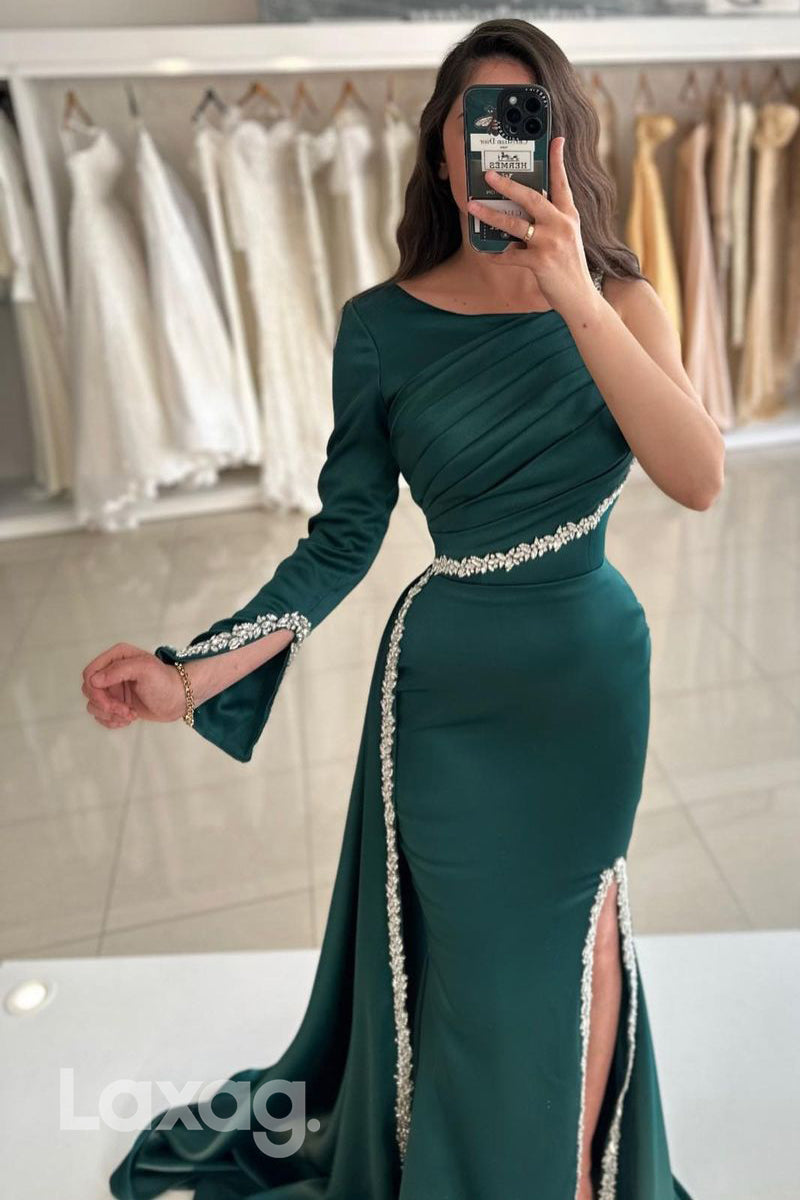 14709 - Chic Bateau Ruched Side Slit Long Sleeves Formal Evening Gowns