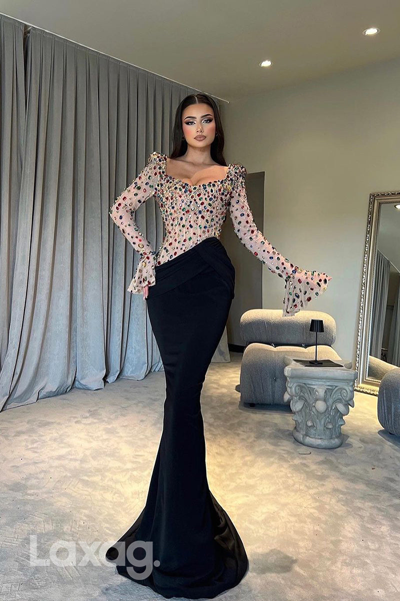 16817 - Sexy V neck Luxury Crystal Long Sleeves Mermaid Formal Party Dress