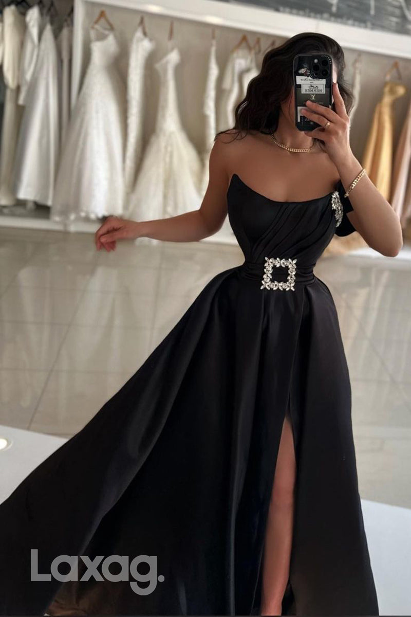 14700 - A Line Strapless Satin Ruched Long Formal Prom Dress with Slit