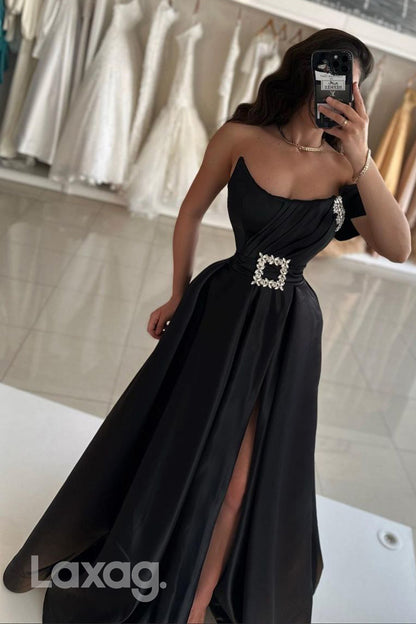 14700 - A Line Strapless Satin Ruched Long Formal Prom Dress with Slit