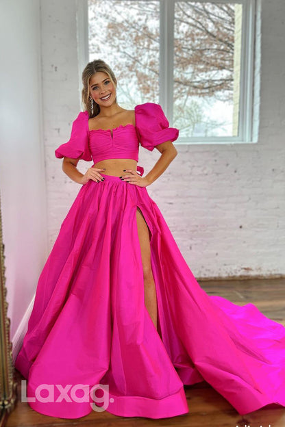 21957 - A Line Scoop Short Sleeves Pink Two Piece Long Formal Prom Dress with Slit