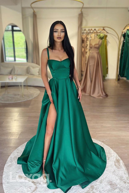 21905 - A Line Sweetheart Green Satin Simple Long Formal Prom Dress with Pockets