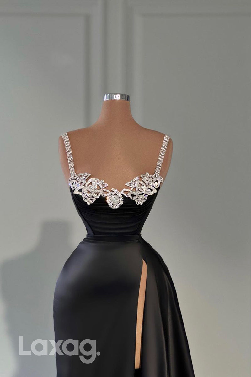 21992 - Beaded Spaghetti Straps Black A Line Long Formal Prom Dress with Slit