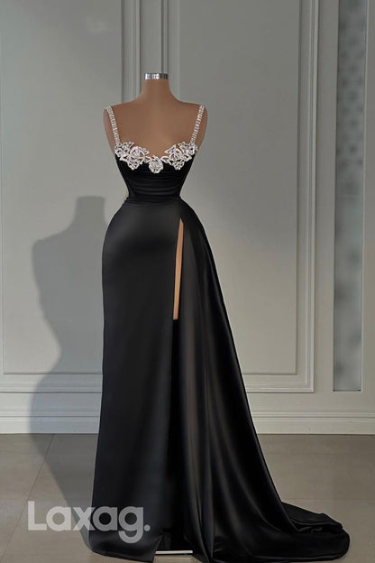 21992 - Beaded Spaghetti Straps Black A Line Long Formal Prom Dress with Slit