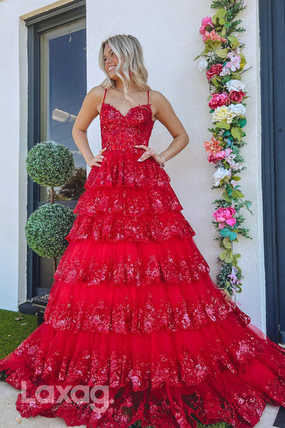 22006 - A Line Spaghetti Straps Sequins Appliques Red Long Formal Prom Dress