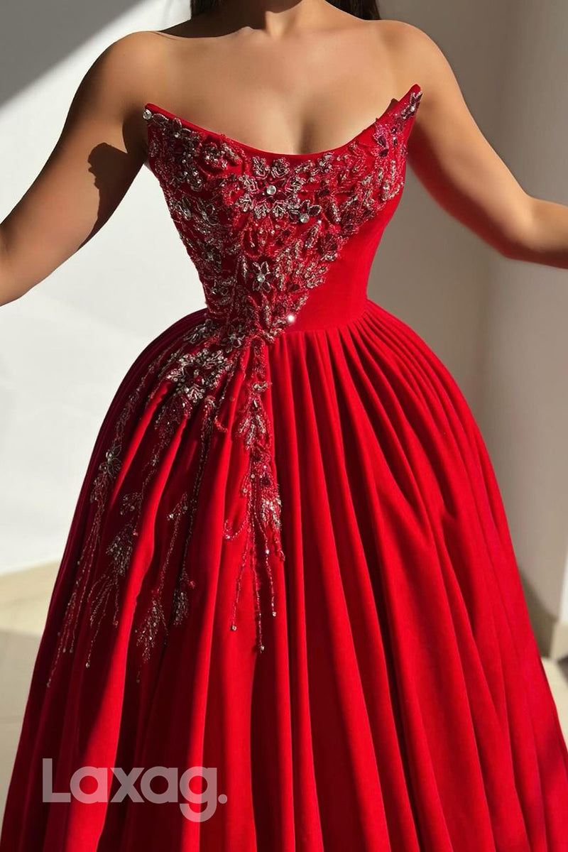 15753 - A line Strapless Embroidery Red Long Formal Evening Dress