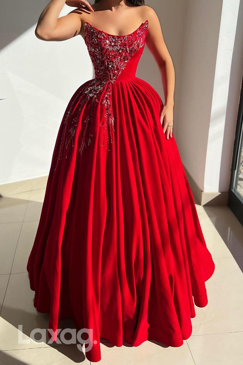 15753 - A line Strapless Embroidery Red Long Formal Evening Dress